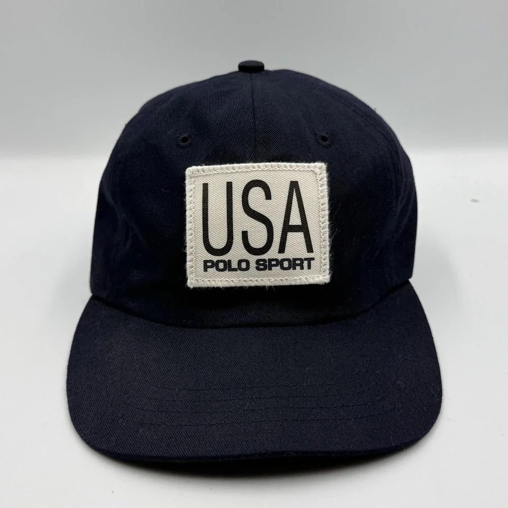 Polo Sport Ralph Lauren USA Patch Navy Blue Vtg 90s 100% Cotton Hat